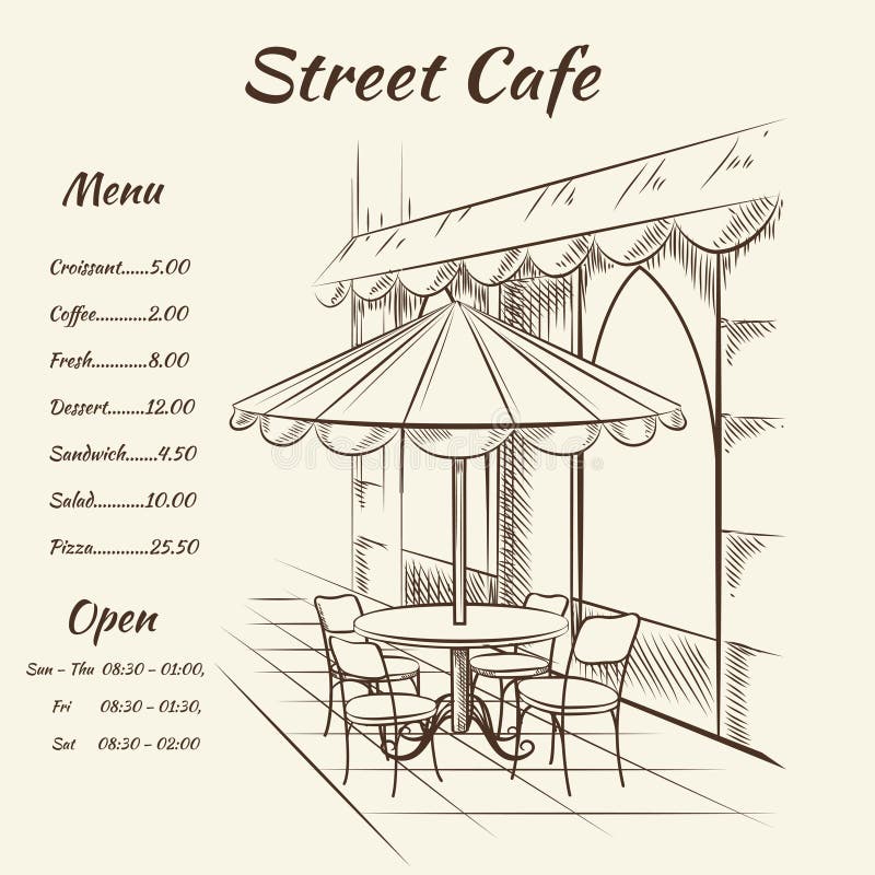 Fondo disegnato a mano del caffè della via illustrazione vettoriale Fondo disegnato a mano del caffè della via illustrazione vettoriale
