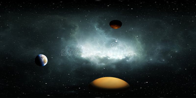 Fondo espacial de 360 grados con Exoplanetas o planetas Extrasolares, nebulosa y estrellas, proyección equirectangular, mapa ambi stock de ilustración