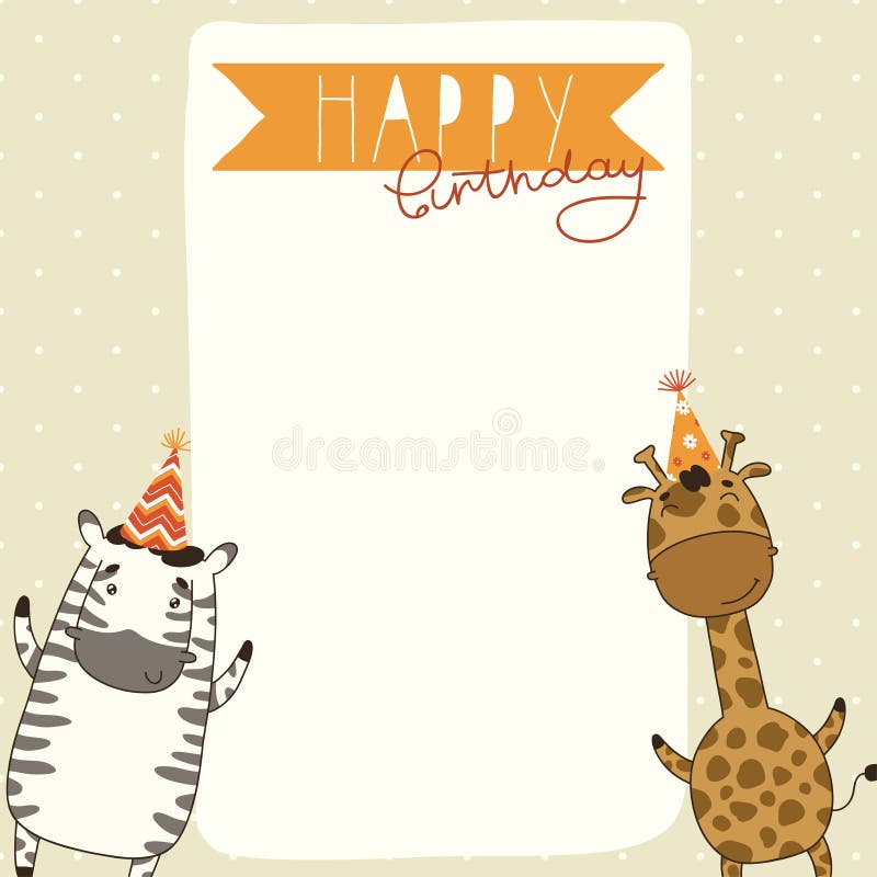 Fondo felice del biglietto di auguri per il compleanno con la zebra e la giraffa illustrazione vettoriale Fondo felice del biglietto di auguri per il compleanno con la zebra e la giraffa illustrazione vettoriale