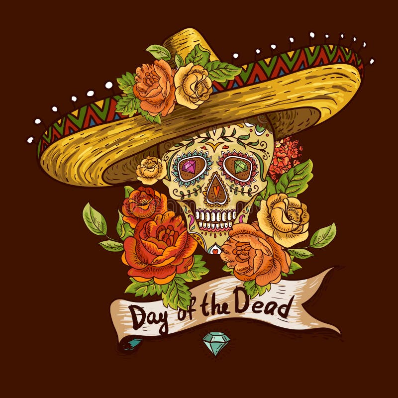 Fondo floral con el cráneo en sombrero ilustración del vector Fondo floral con el cráneo en sombrero ilustración del vector