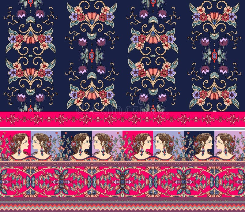 Fondo floral hermoso con la frontera inusual Retratos de las muchachas, flores, pájaros, ornamento geométrico ilustración del vector Fondo floral hermoso con la frontera inusual Retratos de las muchachas, flores, pájaros, ornamento geométrico ilustración del vector