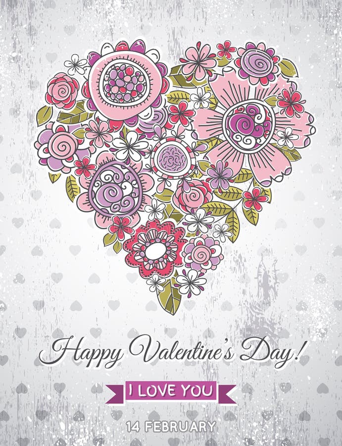 Fondo gris con el corazón de la tarjeta del día de San Valentín del flo de la primavera stock de ilustración Fondo gris con el corazón de la tarjeta del día de San Valentín del flo de la primavera stock de ilustración