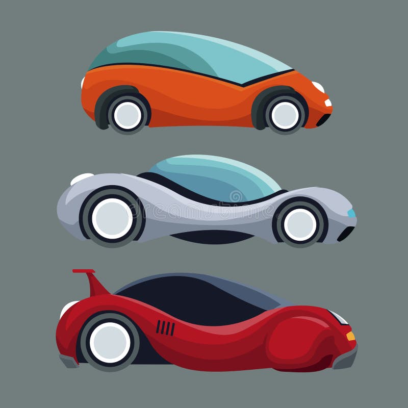 Fondo gris de los vehículos modernos futuristas del coche del sistema colorido stock de ilustración Fondo gris de los vehículos modernos futuristas del coche del sistema colorido stock de ilustración