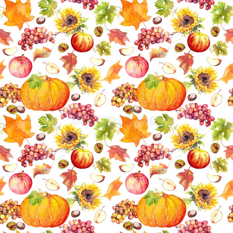 Fondo inconsútil de la acción de gracias Frutas, verduras - calabaza, hojas de otoño watercolor stock de ilustración Fondo inconsútil de la acción de gracias Frutas, verduras - calabaza, hojas de otoño watercolor stock de ilustración