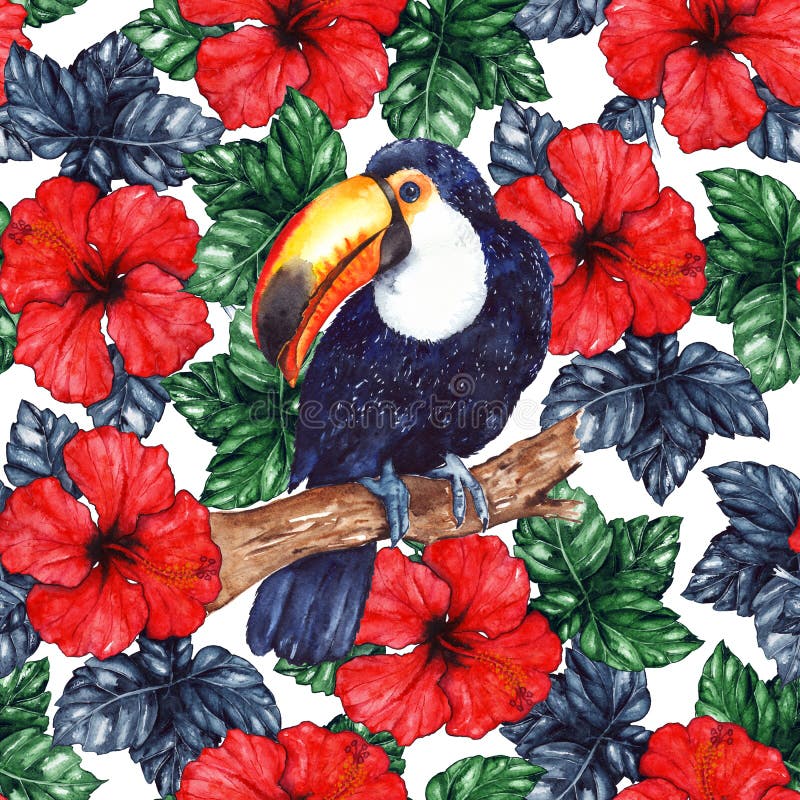 Fondo inconsútil de la textura del modelo de la flor de la acuarela del hibisco del tucán animal tropical exótico del pájaro ilustración del vector Fondo inconsútil de la textura del modelo de la flor de la acuarela del hibisco del tucán animal tropical exótico del pájaro ilustración del vector