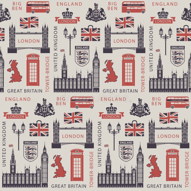 Fondo inconsútil del vector en tema de Reino Unido y de Londres con símbolos británicos, señales arquitectónicas y bandera del Re libre illustration Fondo inconsútil del vector en tema de Reino Unido y de Londres con símbolos británicos, señales arquitectónicas y bandera del Re libre illustration