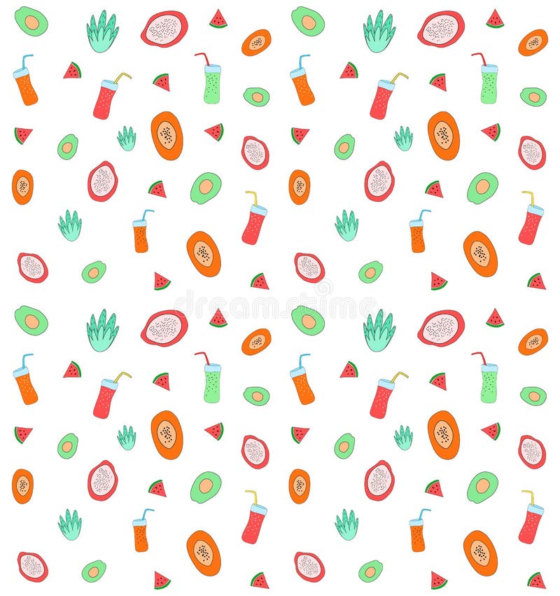 Fondo inconsútil exhausto de la mano con las frutas frescas y los jugos ilustración del vector Fondo inconsútil exhausto de la mano con las frutas frescas y los jugos ilustración del vector