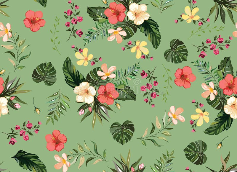 Fondo inconsútil tropical floral del modelo con las flores exóticas, hojas de la selva, hoja del monstera, orquídea, CCB de la fl stock de ilustración Fondo inconsútil tropical floral del modelo con las flores exóticas, hojas de la selva, hoja del monstera, orquídea, CCB de la fl stock de ilustración