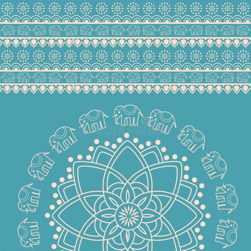 Fondo indiano blu e crema della mandala dell'elefante del hennè illustrazione vettoriale Fondo indiano blu e crema della mandala dell'elefante del hennè illustrazione vettoriale