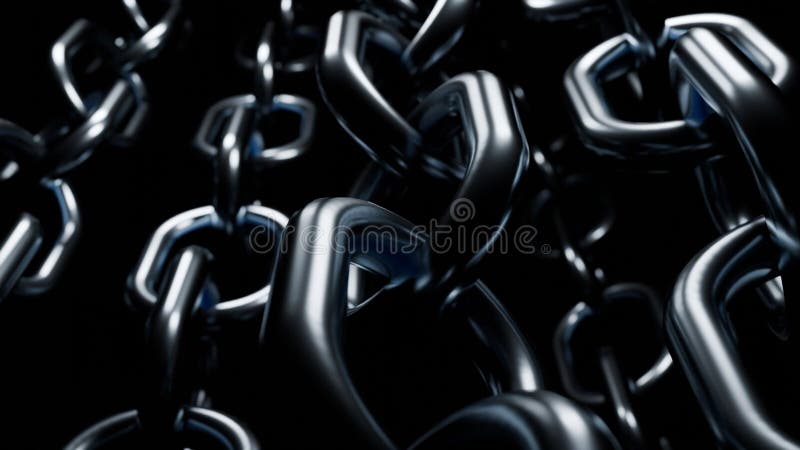 Fondo industrial abstracto con grandes cadenas de metal brillante que cuelgan aisladas en un fondo negro. diseño. 7. º plata stock de ilustración