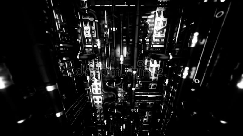 Fondo industrial abstracto con tubos curvos negros y lámparas de luz blanca sin interrupciones. animación. moverse lentamente stock de ilustración