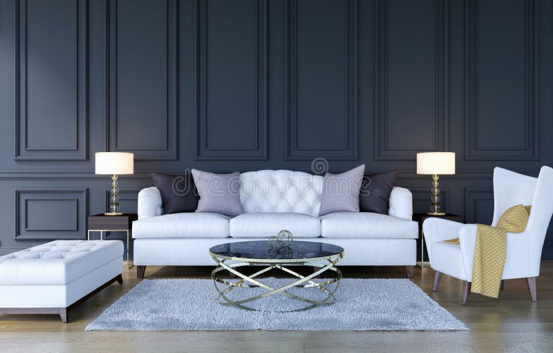 Fondo interior de la sala de estar de lujo clásica moderna con el espacio de la copia en la pared, representación 3D