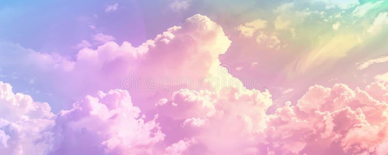 Fondo lgbt del orgullo con un gradiente arcoiris pastel y nubes esponjosas y suaves que evocan un sueño y foto de archivo
