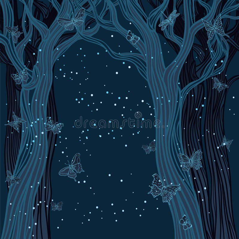Fondo mágico de la noche con los árboles