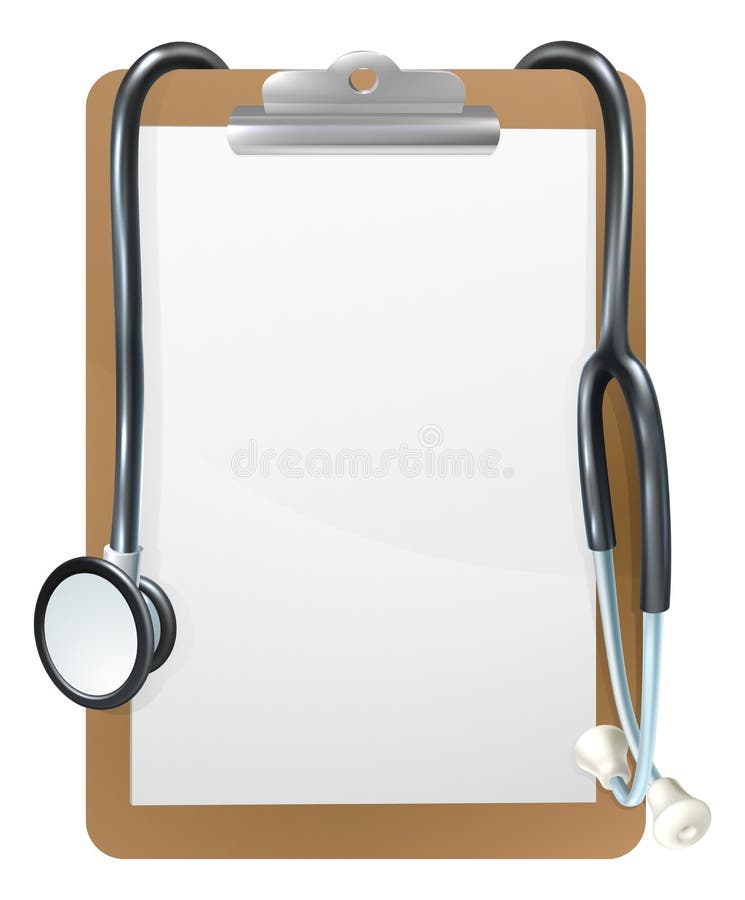 Background medical frame illustration of a clipboard with a doctors stethoscope. Background medical frame illustration of a clipboard with a doctors stethoscope