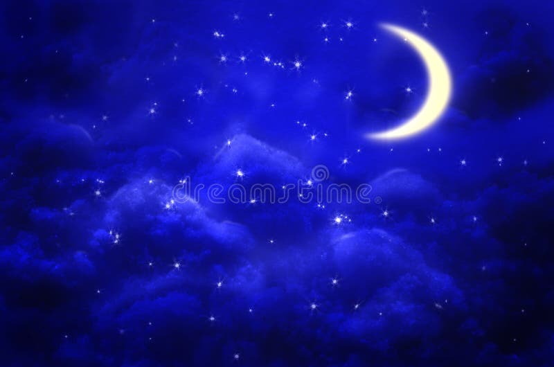 Fondo místico del cielo nocturno con la media luna, las nubes y las estrellas Claro de luna