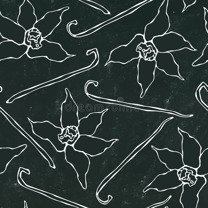 Fondo negro del tablero Modelo sin fin inconsútil del palillo y de la flor de la vainilla Vaina de la vainilla y fondo estacional stock de ilustración