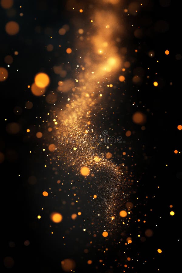 Fondo negro y dorado con una larga línea curvada de brillantes chispas doradas fotografía de archivo