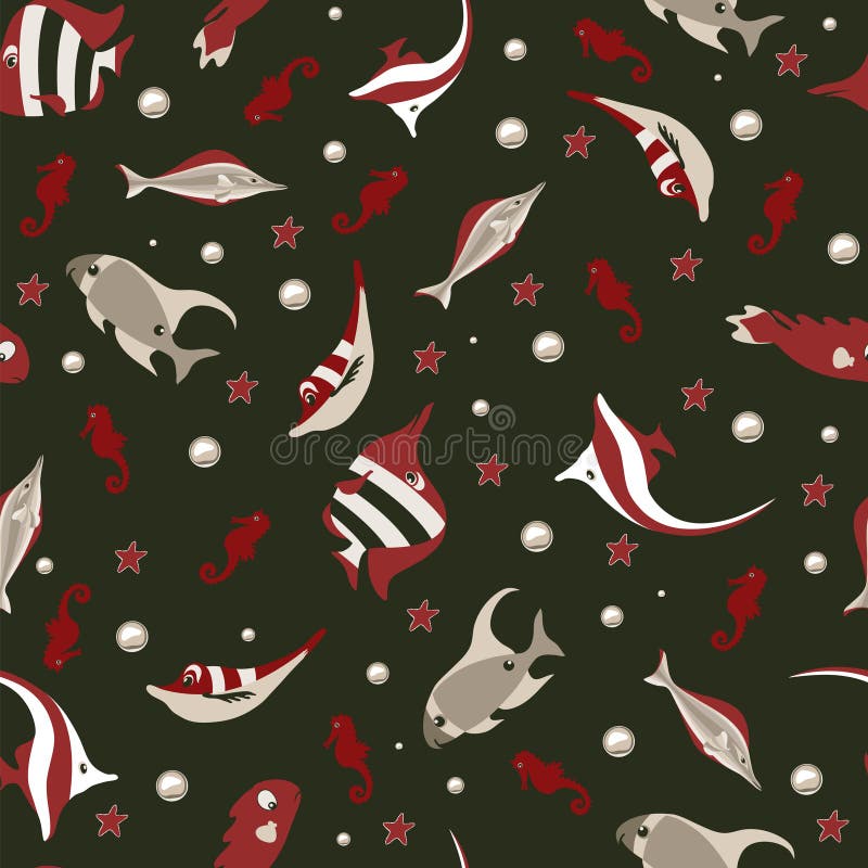 Fondo nero senza cuciture con le bolle di aria e del pesce di mare illustrazione di stock Fondo nero senza cuciture con le bolle di aria e del pesce di mare illustrazione di stock