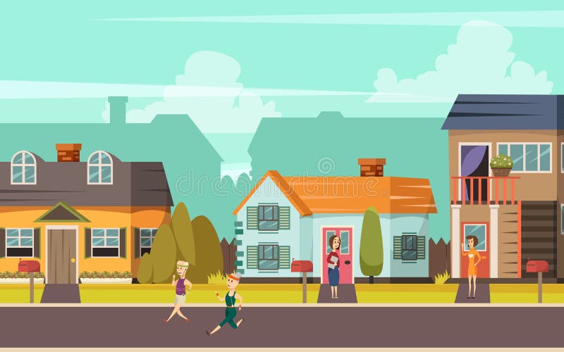 Rural street orthogonal background with cottages playing children and communicating neighbors flat vector illustration. Rural street orthogonal background with cottages playing children and communicating neighbors flat vector illustration