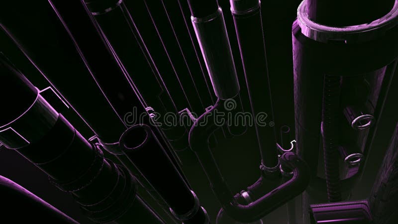 Fondo oscuro industrial abstracto. movimiento. mecanismo interior volante con detalles de metal y tubos. ilustración del vector