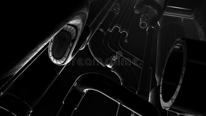 Fondo oscuro industrial abstracto. movimiento. mecanismo interior volante con detalles de metal y tubos. libre illustration