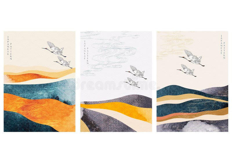 Abstract landscape background with crane birds and Japanese wave pattern vector. Watercolor texture Chinese style. Mountain forest template illustration. Abstract landscape background with crane birds and Japanese wave pattern vector. Watercolor texture Chinese style. Mountain forest template illustration