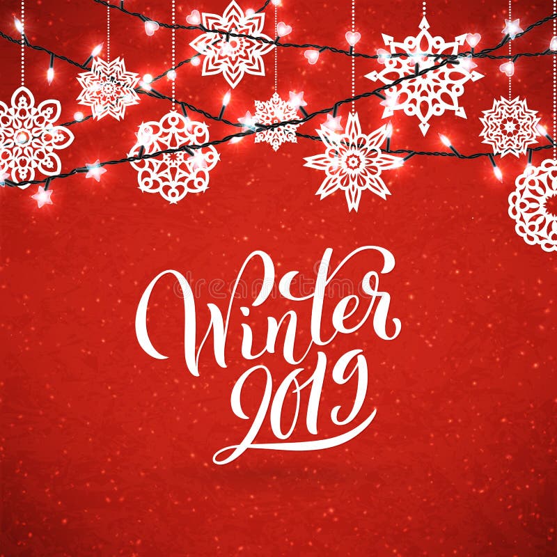 Fondo para el cartel de la Feliz Navidad con los copos de nieve de papel y la guirnalda que brilla Vector stock de ilustración Fondo para el cartel de la Feliz Navidad con los copos de nieve de papel y la guirnalda que brilla Vector stock de ilustración
