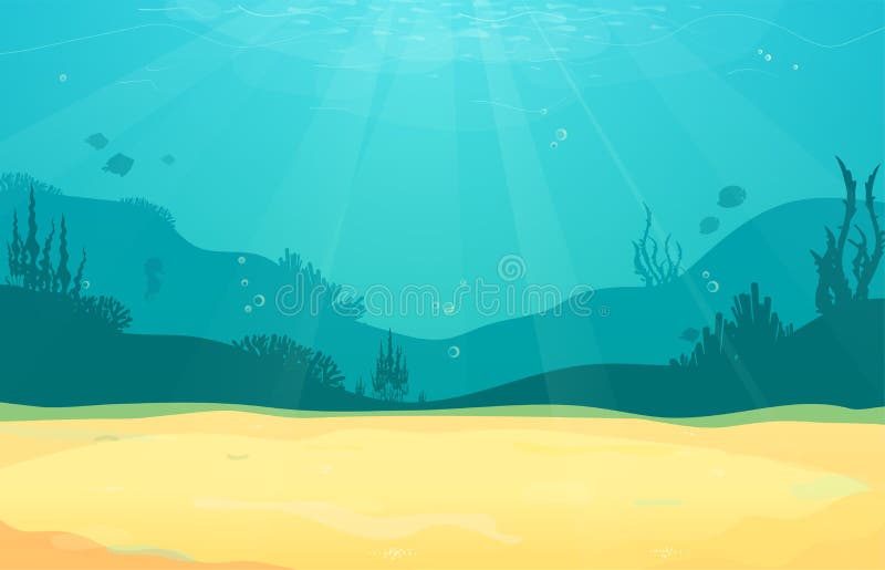 Fondo piano del fumetto subacqueo con la siluetta del pesce, sabbia, alga, corallo Vita di mare dell'oceano, progettazione svegli royalty illustrazione gratis Fondo piano del fumetto subacqueo con la siluetta del pesce, sabbia, alga, corallo Vita di mare dell'oceano, progettazione svegli royalty illustrazione gratis