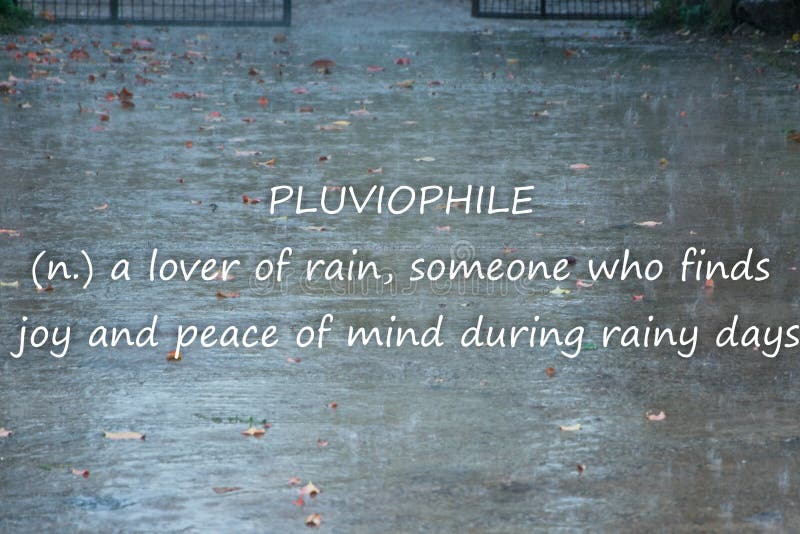 Fondo piovoso del tempo con testo “PLUVIOPHILE - un amante di pioggia, qualcuno che trovi la gioia e la pace dello spirito durant fotografie stock Fondo piovoso del tempo con testo “PLUVIOPHILE - un amante di pioggia, qualcuno che trovi la gioia e la pace dello spirito durant fotografie stock
