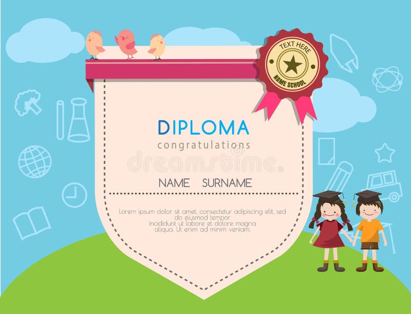 Fondo prescolare del modello di progettazione della scuola elementare del certificato del diploma dei bambini illustrazione di stock Fondo prescolare del modello di progettazione della scuola elementare del certificato del diploma dei bambini illustrazione di stock