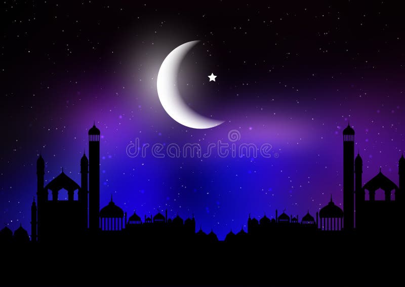 Fondo ramadan kareem con siluetas de mezquitas contra el cielo nocturno con luna