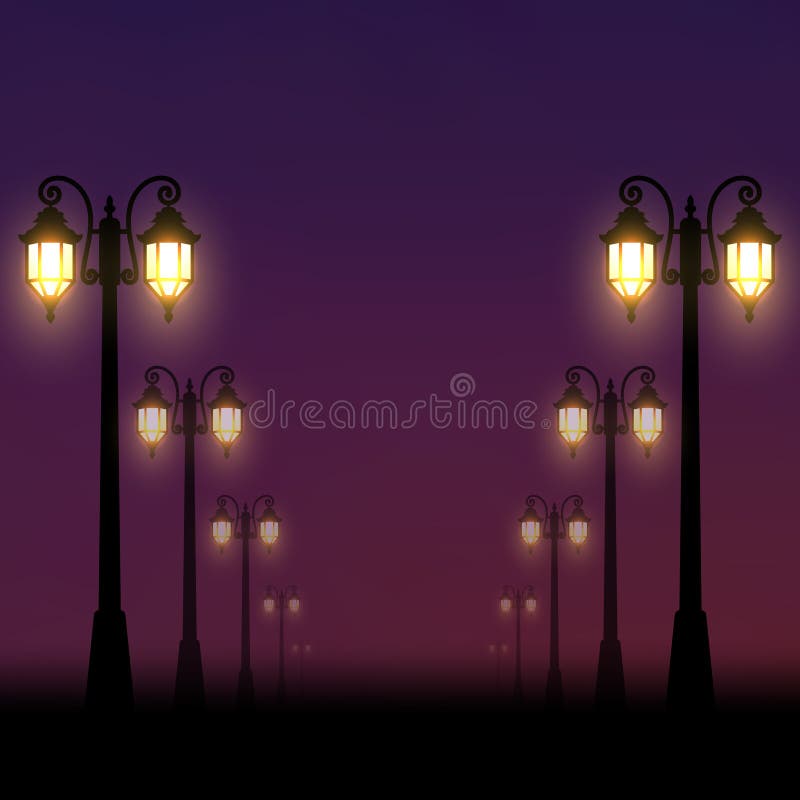 Fondo realista La calle de la tarde se encendió por las linternas a lo largo del callejón stock de ilustración Fondo realista La calle de la tarde se encendió por las linternas a lo largo del callejón stock de ilustración