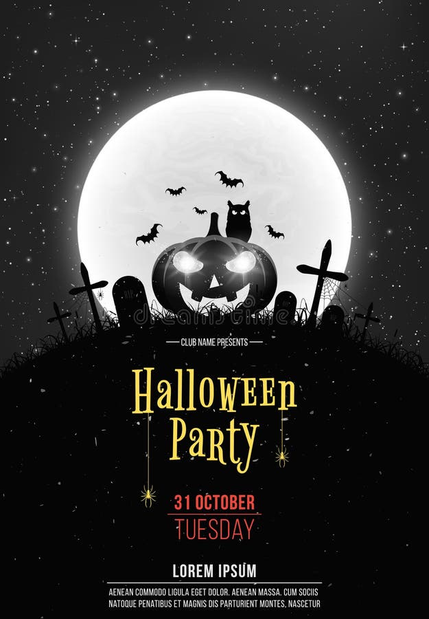 Fondo retro blanco y negro para el partido de Halloween Calabaza de la historieta en el cementerio Luna Llena y estrellado realis ilustración del vector Fondo retro blanco y negro para el partido de Halloween Calabaza de la historieta en el cementerio Luna Llena y estrellado realis ilustración del vector