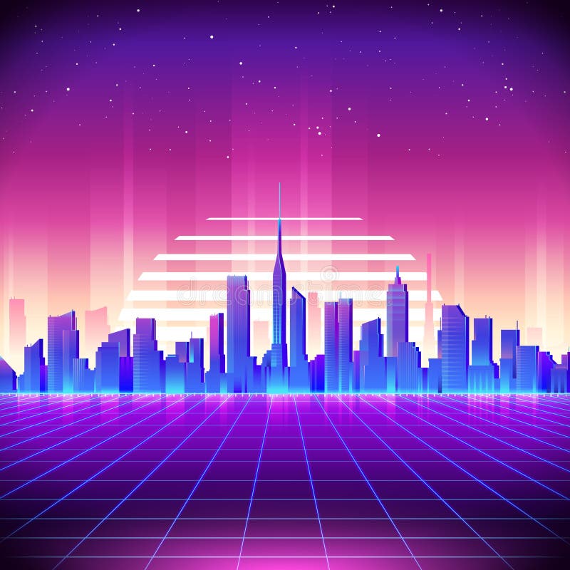 Fondo retro de la ciencia ficción 80s con horizonte de la ciudad de la noche stock de ilustración