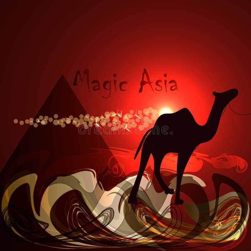 Fondo rojo abstracto Desierto, pirámide, camello, noche roja Asia mágica stock de ilustración Fondo rojo abstracto Desierto, pirámide, camello, noche roja Asia mágica stock de ilustración
