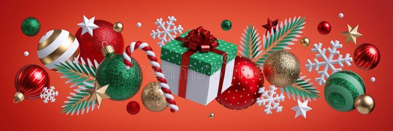 Fondo rojo de Navidad, frontera horizontal festiva Caja de regalos cuadrada Ornamentos variados, bolas verdes de vidrio dorado, e ilustración del vector