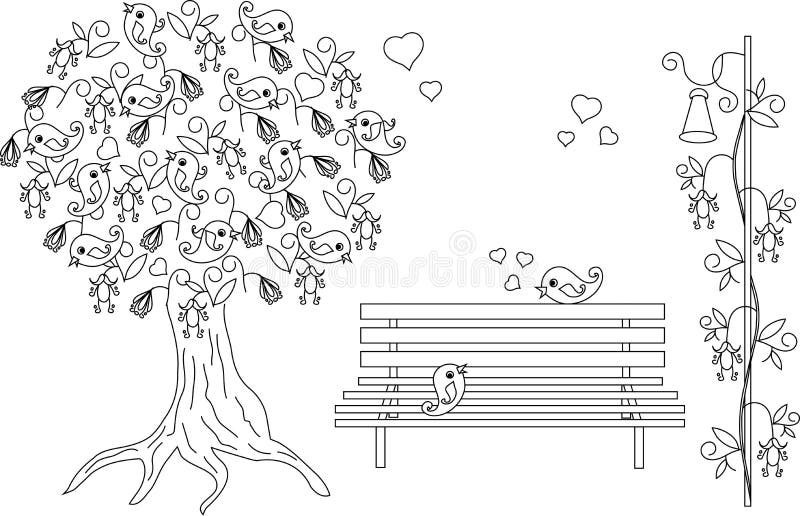 Fondo romantico con l'albero di fioritura, uccelli amorosi, banco, anti libro da colorare disegnato a mano in bianco e nero di sf royalty illustrazione gratis Fondo romantico con l'albero di fioritura, uccelli amorosi, banco, anti libro da colorare disegnato a mano in bianco e nero di sf royalty illustrazione gratis