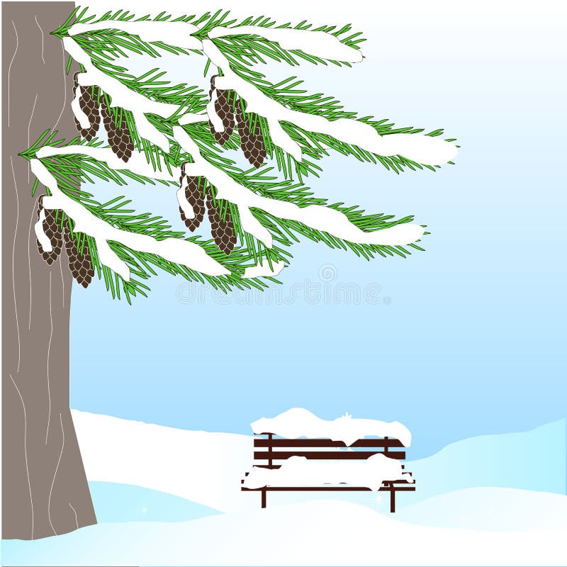 Fondo romántico del invierno con el árbol de abeto verde, cono marrón, banco, en la nieve blanca en el cielo azul stock de ilustración Fondo romántico del invierno con el árbol de abeto verde, cono marrón, banco, en la nieve blanca en el cielo azul stock de ilustración