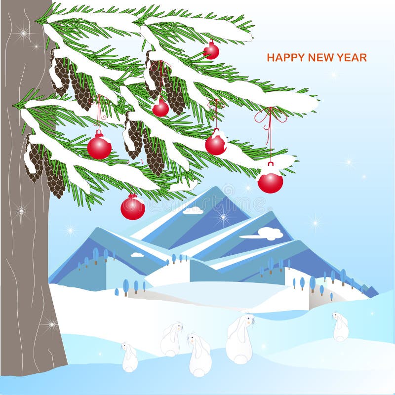 Fondo romántico del invierno con el árbol de abeto verde, cono marrón, montaña, bola roja conejo, en la nieve blanca stock de ilustración Fondo romántico del invierno con el árbol de abeto verde, cono marrón, montaña, bola roja conejo, en la nieve blanca stock de ilustración