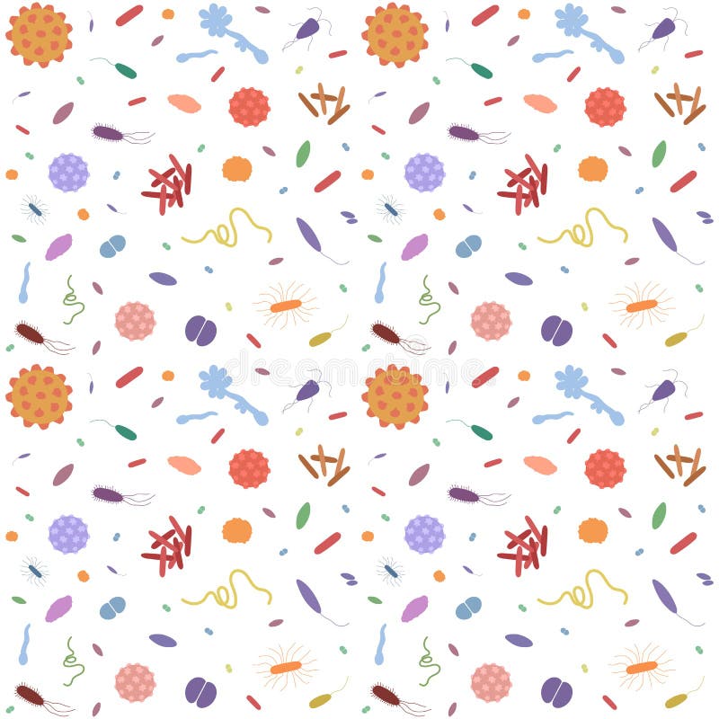 Fondo senza cuciture con differenti tipi di batteri e di virus su fondo bianco illustrazione vettoriale Fondo senza cuciture con differenti tipi di batteri e di virus su fondo bianco illustrazione vettoriale