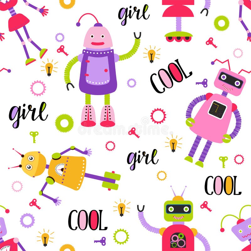 Fondo senza cuciture con i robot divertenti svegli nello stile del fumetto illustrazione di stock Fondo senza cuciture con i robot divertenti svegli nello stile del fumetto illustrazione di stock