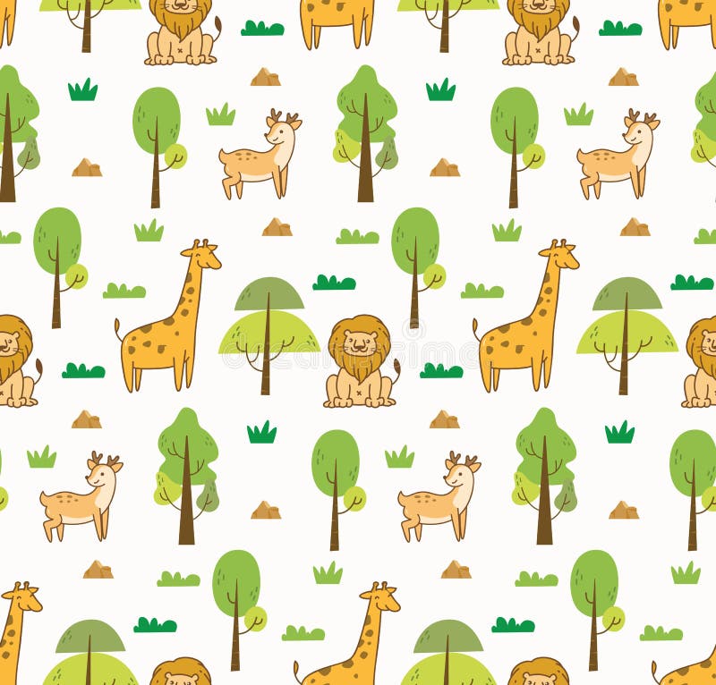 Fondo senza cuciture degli animali svegli con il leone, la giraffa ed i cervi illustrazione vettoriale Fondo senza cuciture degli animali svegli con il leone, la giraffa ed i cervi illustrazione vettoriale