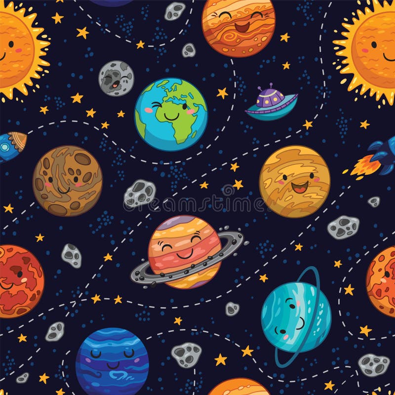 Fondo senza cuciture del modello dello spazio con i pianeti, le stelle e le comete illustrazione di stock Fondo senza cuciture del modello dello spazio con i pianeti, le stelle e le comete illustrazione di stock
