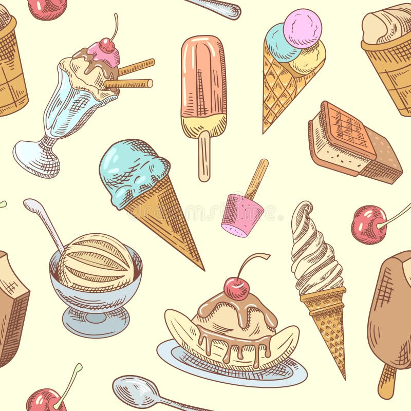 Fondo senza cuciture disegnato a mano del gelato con i dessert freddi, frutti e cioccolato, coni e cialde illustrazione vettoriale Fondo senza cuciture disegnato a mano del gelato con i dessert freddi, frutti e cioccolato, coni e cialde illustrazione vettoriale