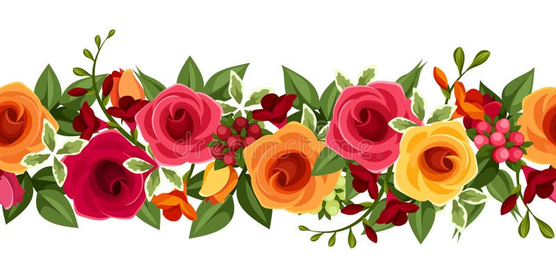 Fondo senza cuciture orizzontale con le rose rosse e gialle e la fresia Illustrazione di vettore illustrazione di stock Fondo senza cuciture orizzontale con le rose rosse e gialle e la fresia Illustrazione di vettore illustrazione di stock