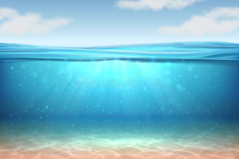 Fondo subacqueo realistico Acqua profonda dell'oceano, mare nell'ambito del livello dell'acqua, orizzonte blu dell'onda dei raggi