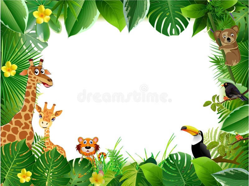 Fondo tropical brillante con la historieta; selva; animales