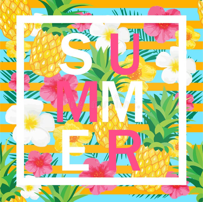 Fondo tropical con la piña, flores exóticas Letras del verano stock de ilustración Fondo tropical con la piña, flores exóticas Letras del verano stock de ilustración