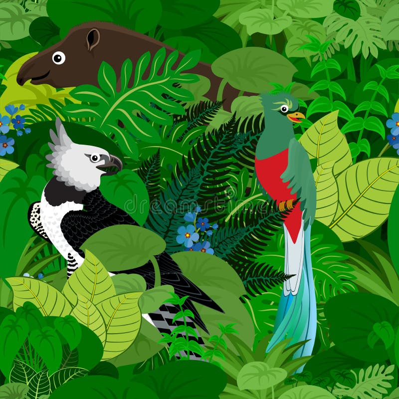 Fondo tropical de la selva de la selva tropical del vector inconsútil con los animales de los niños ilustración del vector Fondo tropical de la selva de la selva tropical del vector inconsútil con los animales de los niños ilustración del vector